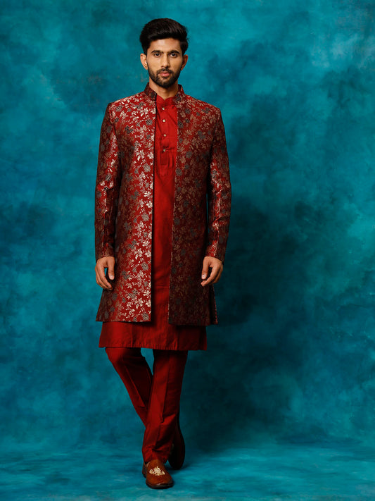 Men's Maroon Viscose Straight Sherwani Set