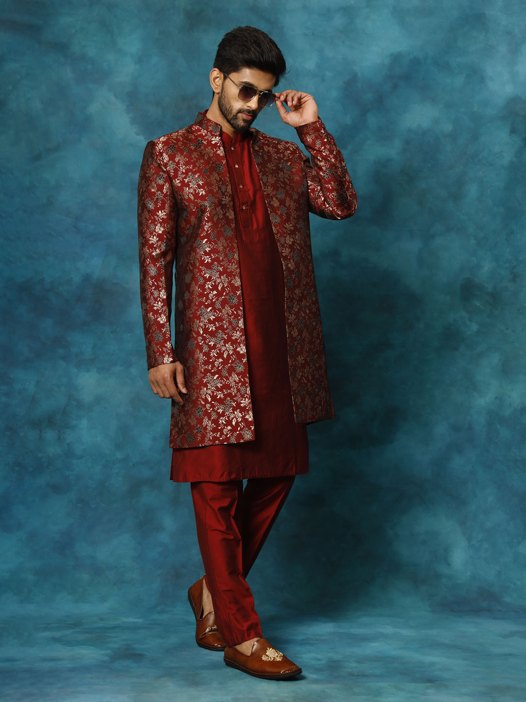 Men's Maroon Viscose Straight Sherwani Set