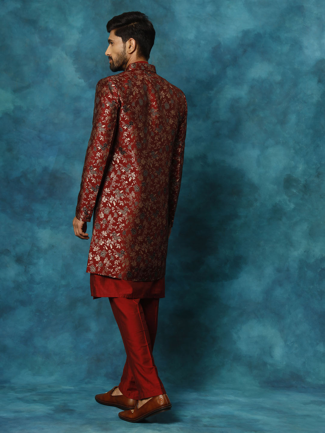 Men's Maroon Viscose Straight Sherwani Set