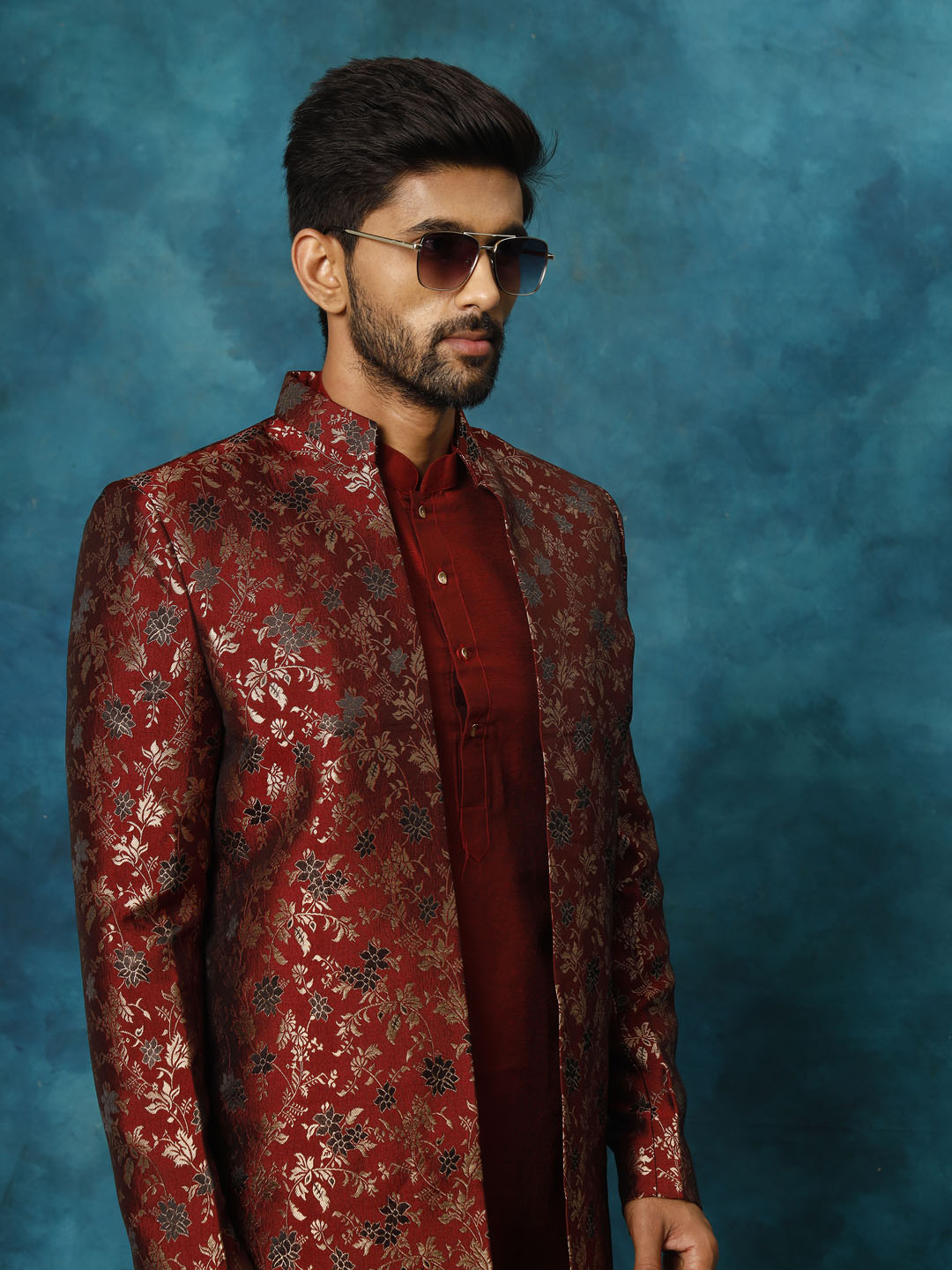 Men's Maroon Viscose Straight Sherwani Set