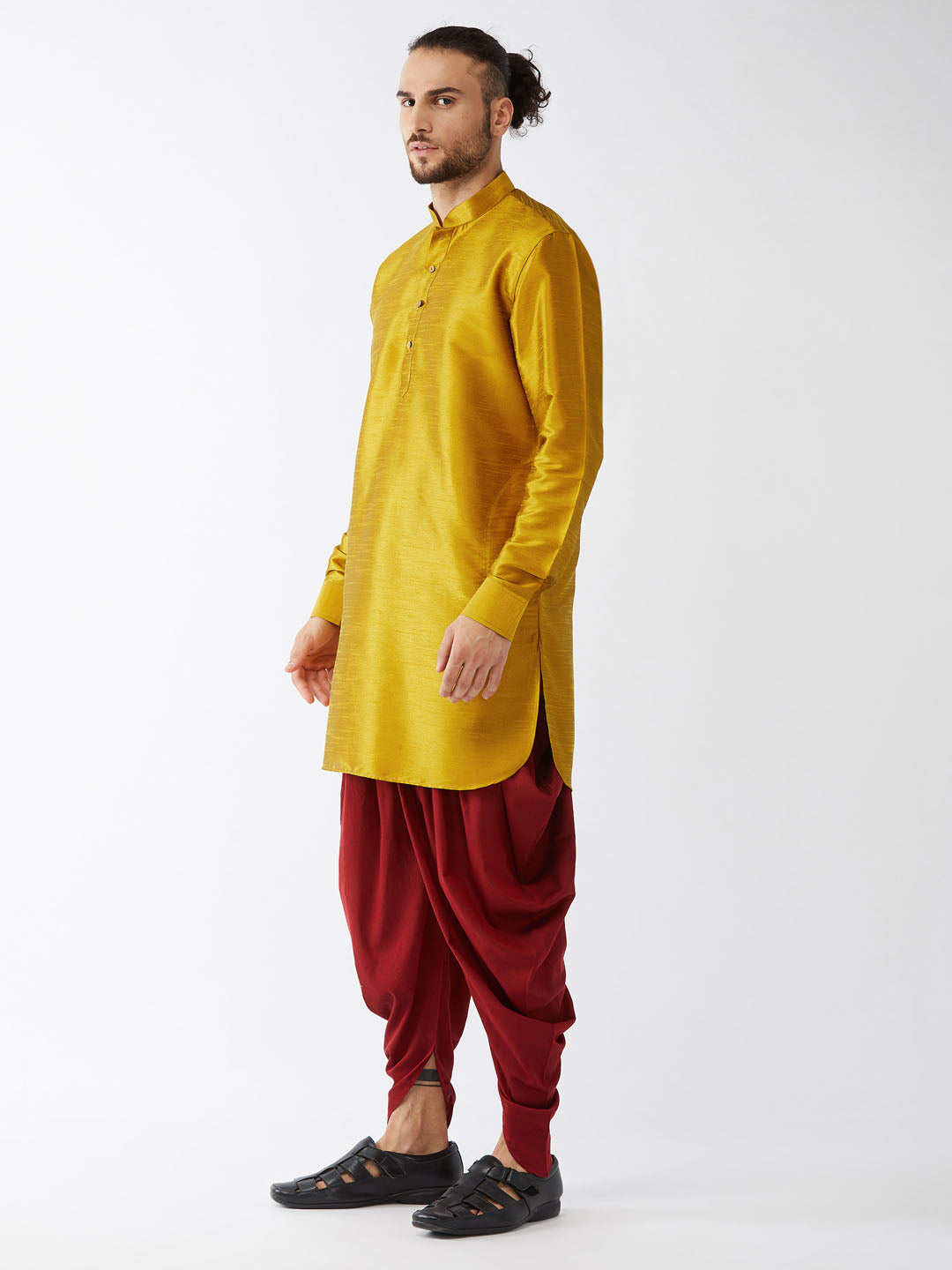 Men's Mustard Silk Blend Pathani Kurta and Dhoti Set