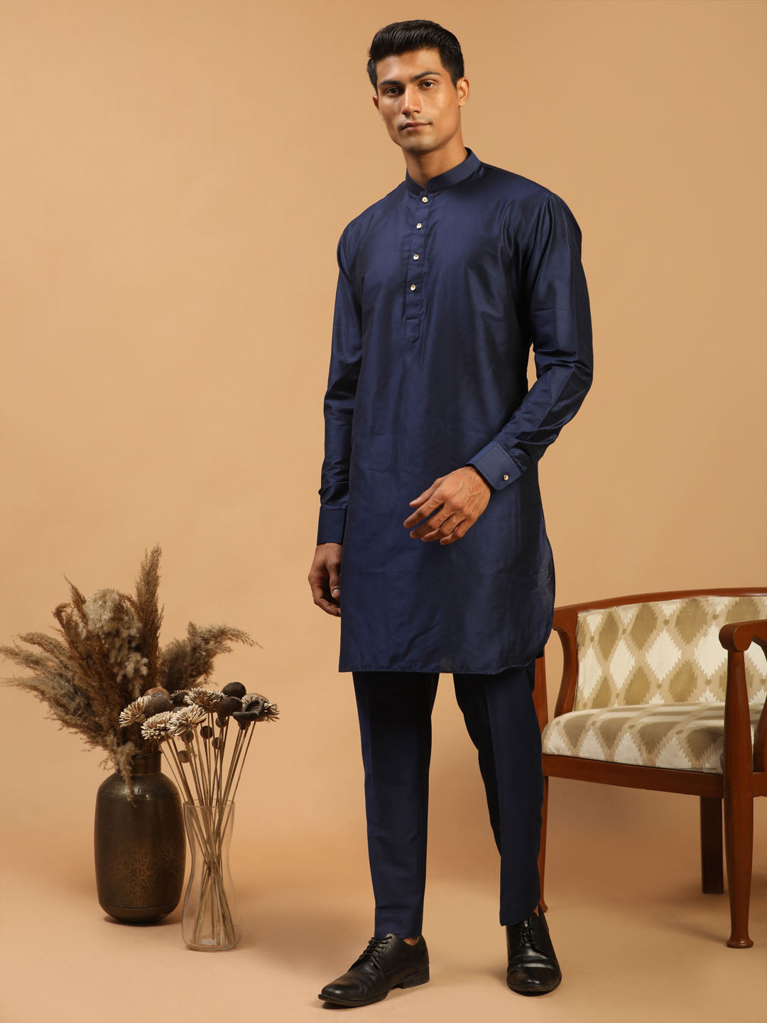 Men's Navy Blue Viscose Curved Kurta Pyjama Set
