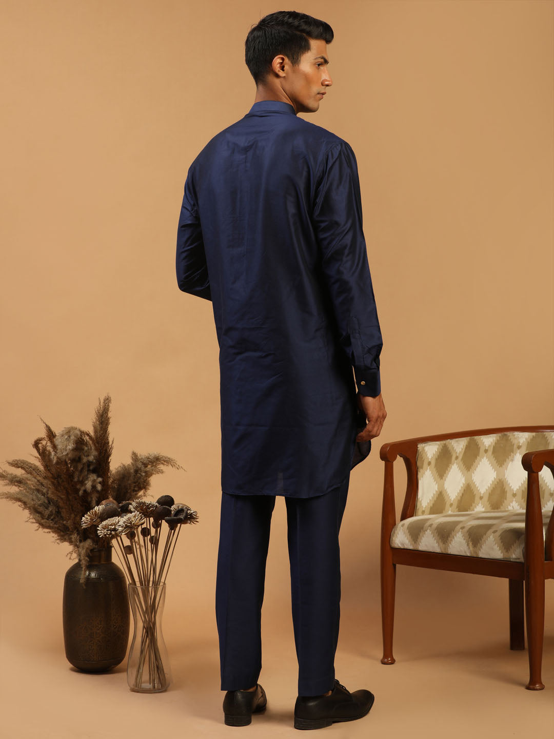 Men's Navy Blue Viscose Curved Kurta Pyjama Set