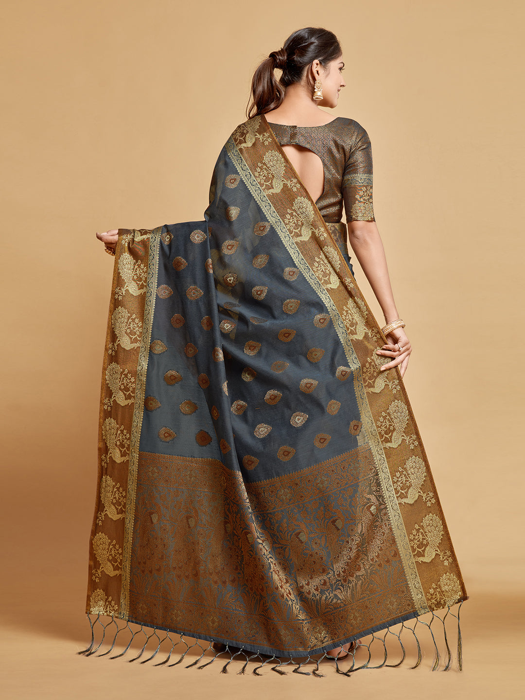 Dhiyona GR Women's Vasudha Warm Grey Zari Woven Design Chanderi Cotton Saree