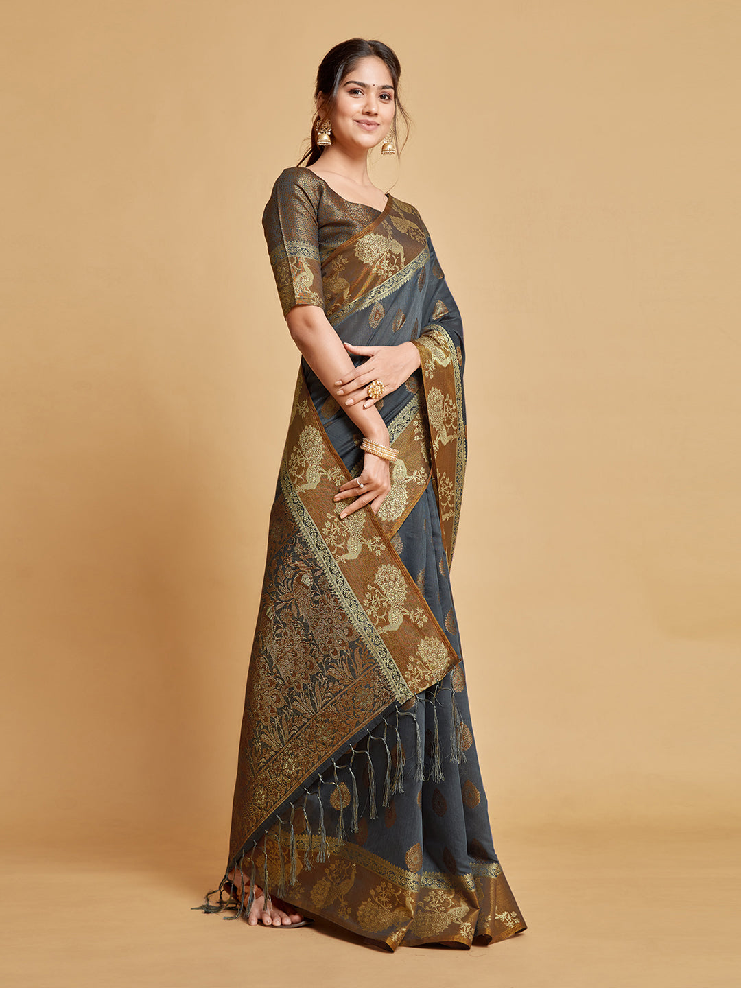 Dhiyona GR Women's Vasudha Warm Grey Zari Woven Design Chanderi Cotton Saree