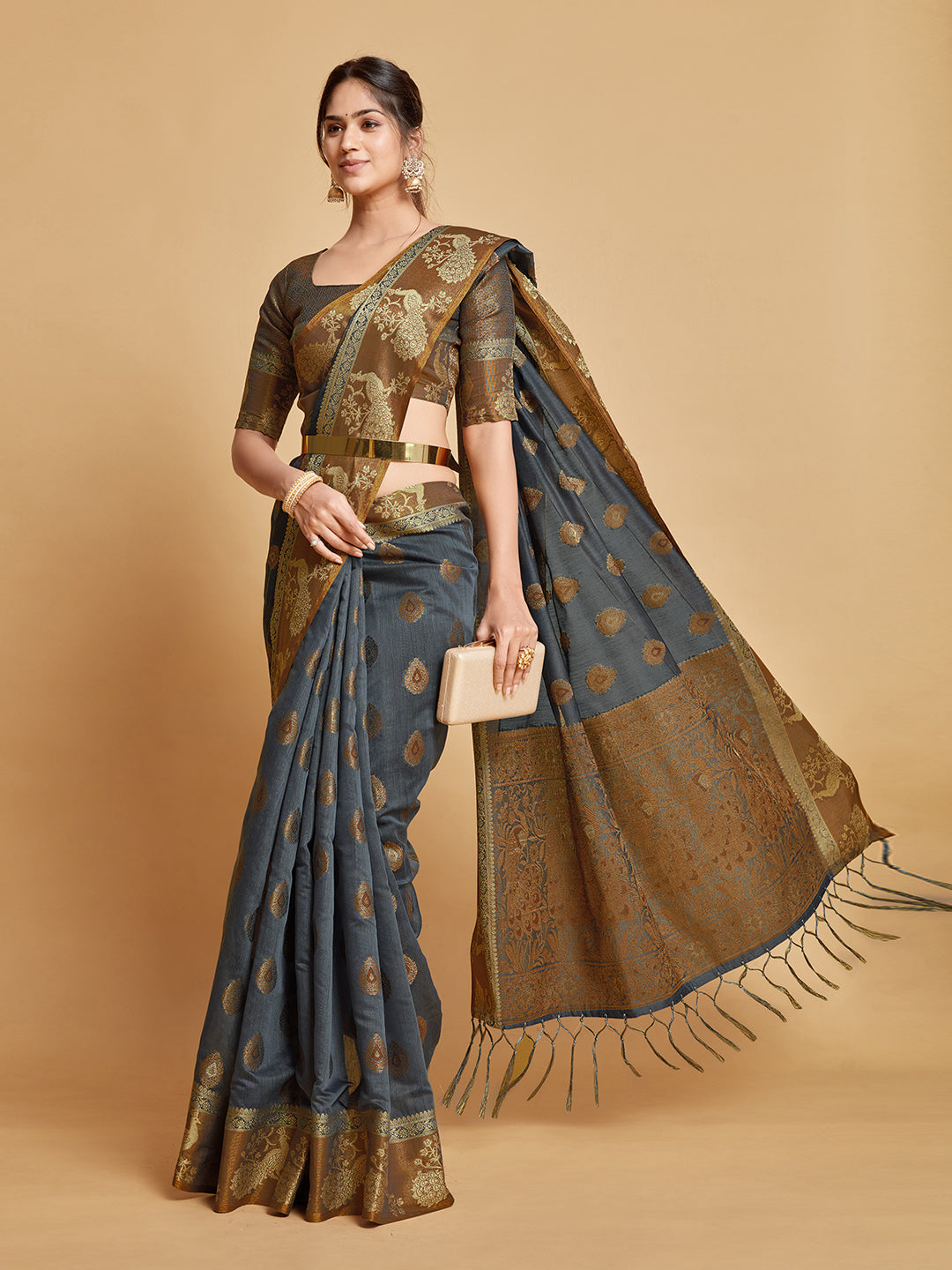 Dhiyona GR Women's Vasudha Warm Grey Zari Woven Design Chanderi Cotton Saree