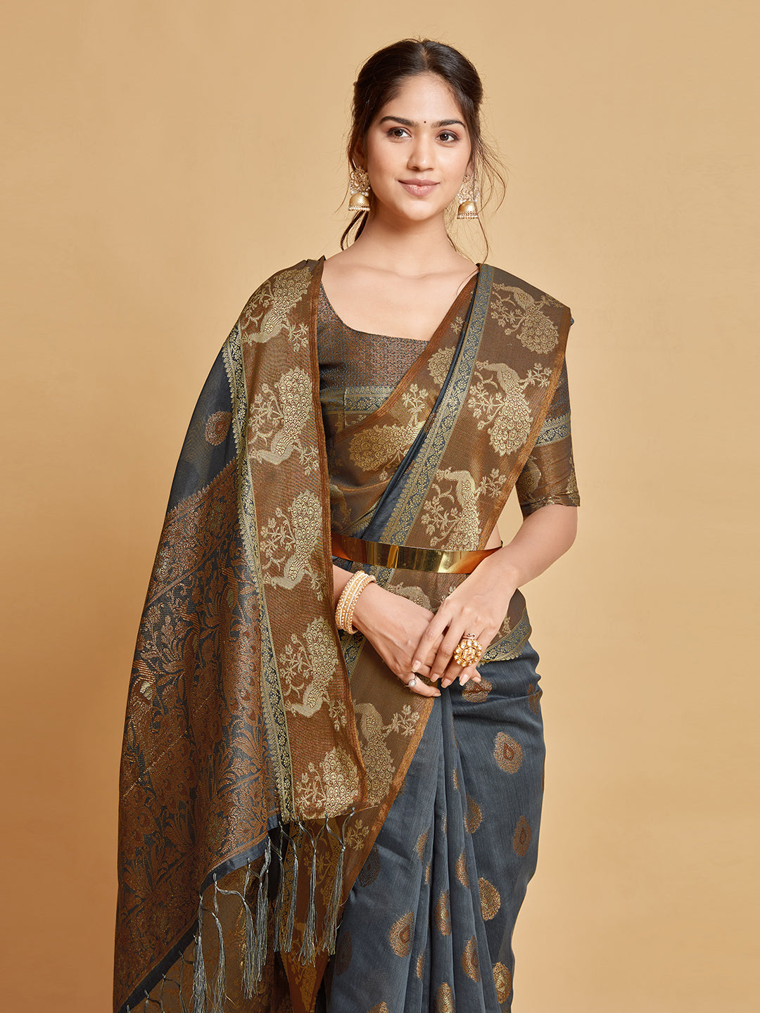 Dhiyona GR Women's Vasudha Warm Grey Zari Woven Design Chanderi Cotton Saree
