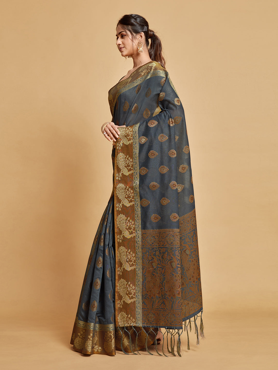 Dhiyona GR Women's Vasudha Warm Grey Zari Woven Design Chanderi Cotton Saree