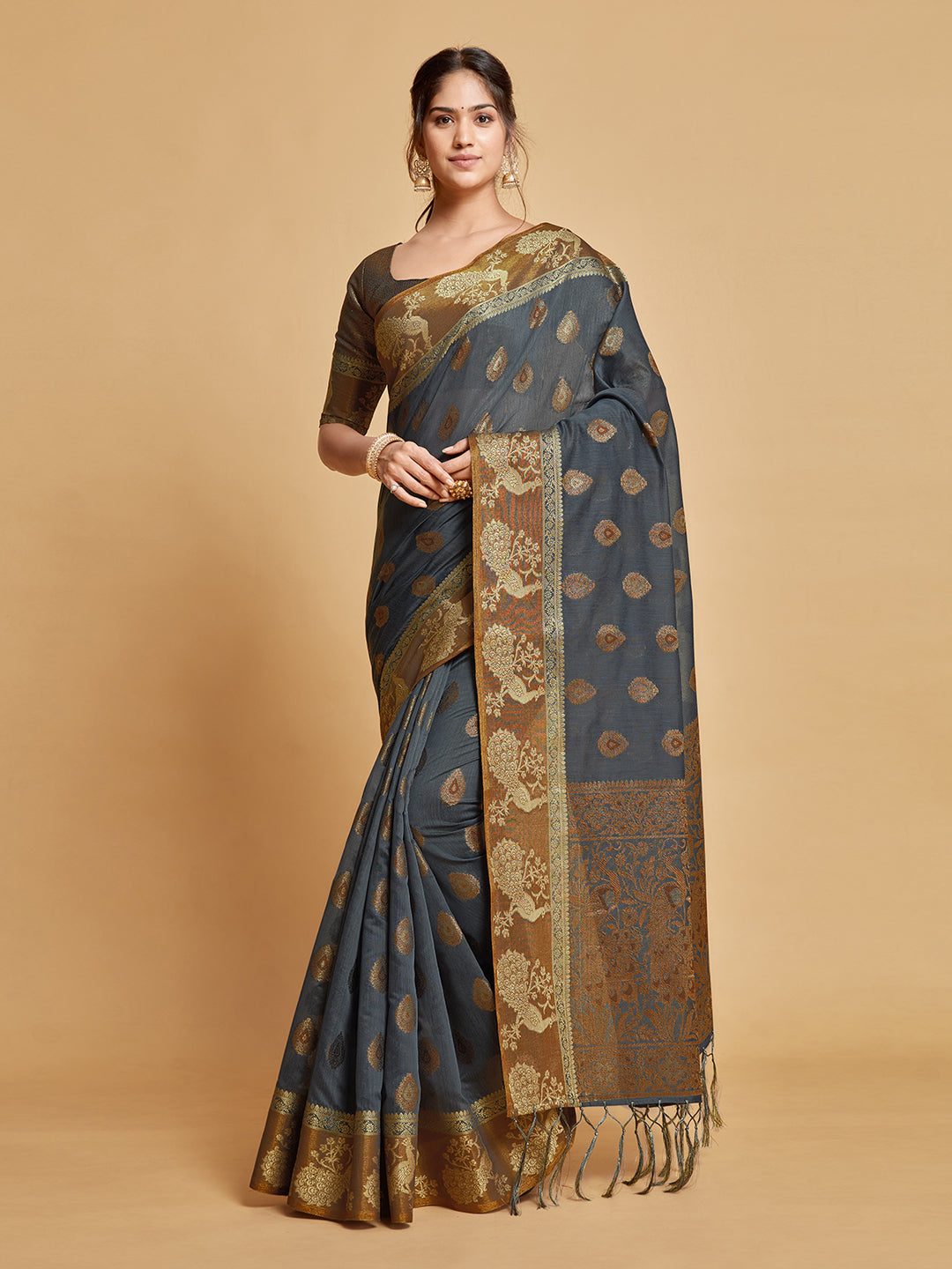 Dhiyona GR Women's Vasudha Warm Grey Zari Woven Design Chanderi Cotton Saree