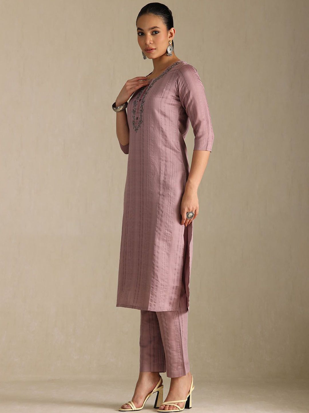 Dhiyona SO Women's Striped Beads and Stones Straight Kurta with Trouser