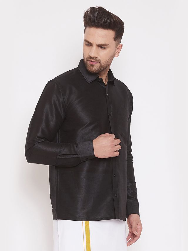 Men's Black Silk Blend Straight Ethnic Shirt