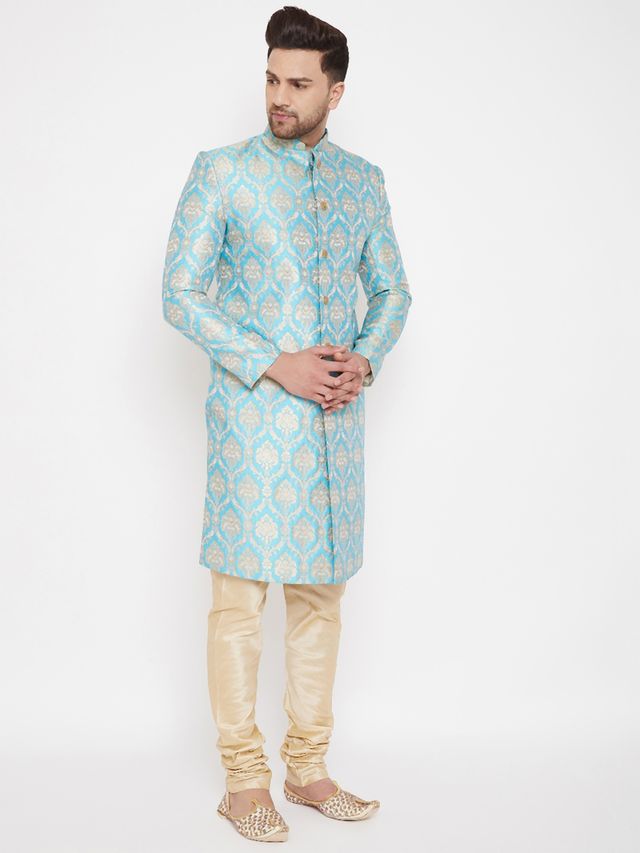 Men's Aqua Silk Blend Straight Sherwani Set
