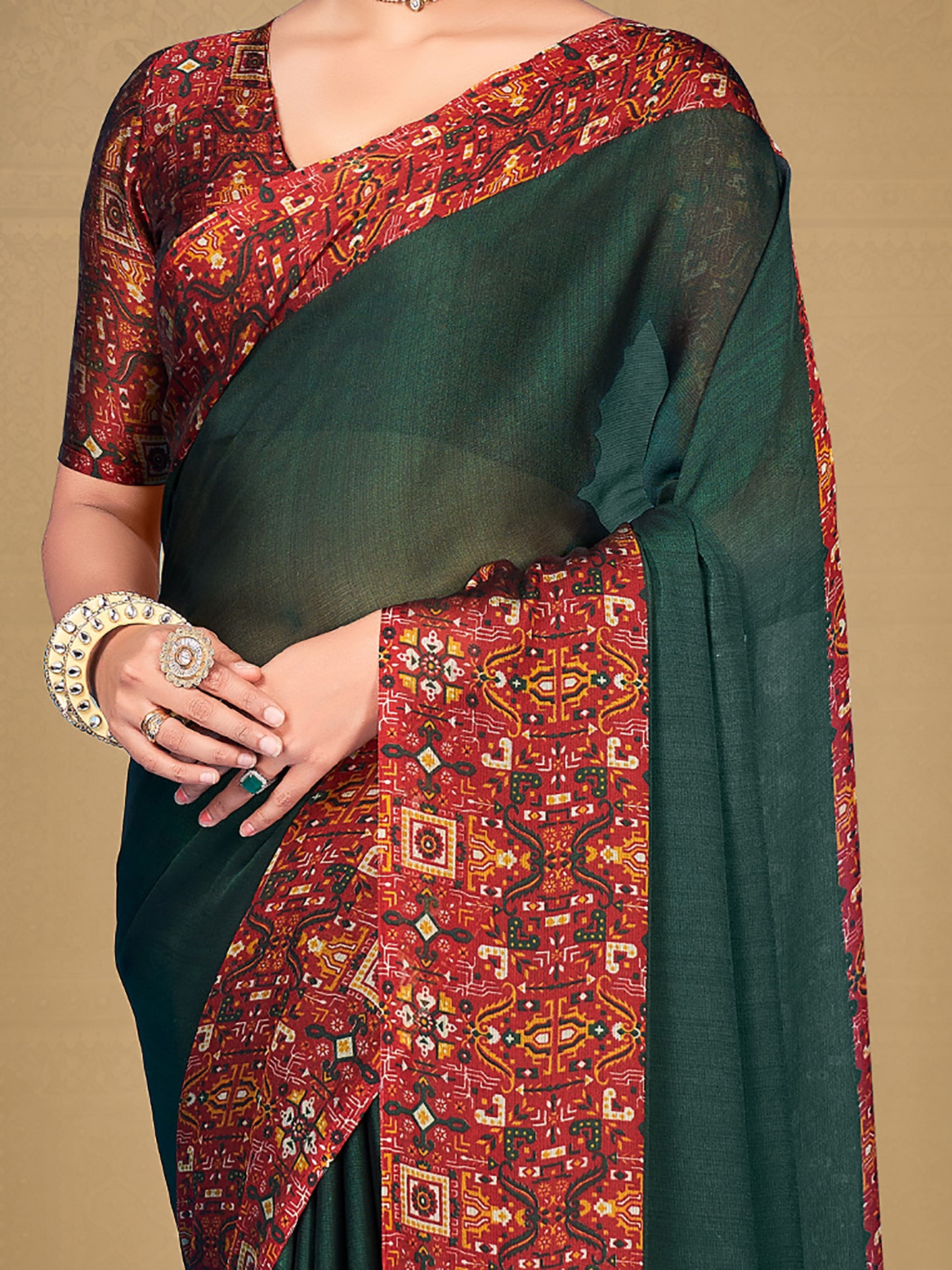 Women's Chiffon Green Printed Designer Saree With Blouse Piece