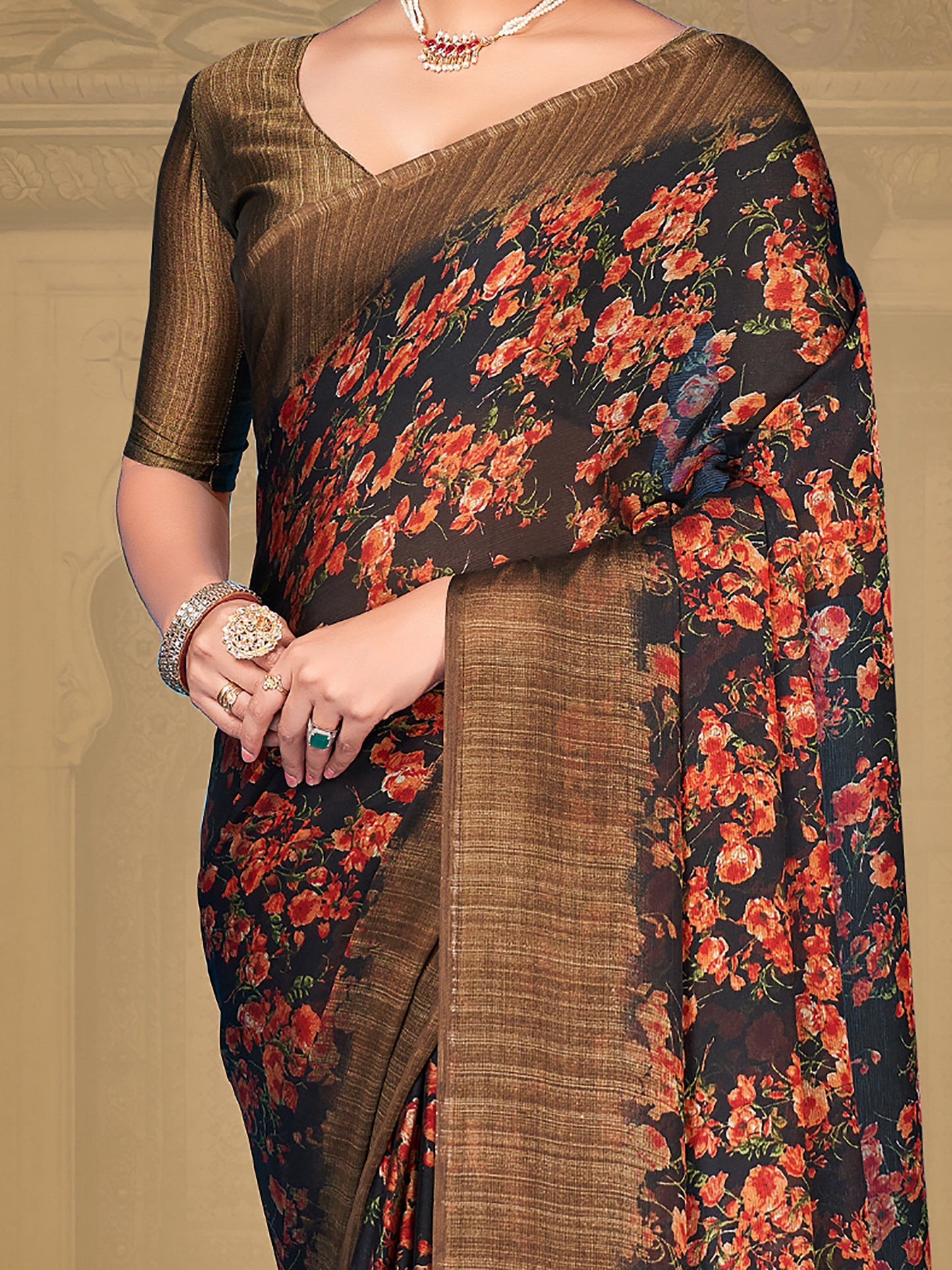 Women's Chiffon Navy Blue Printed Designer Saree With Blouse Piece