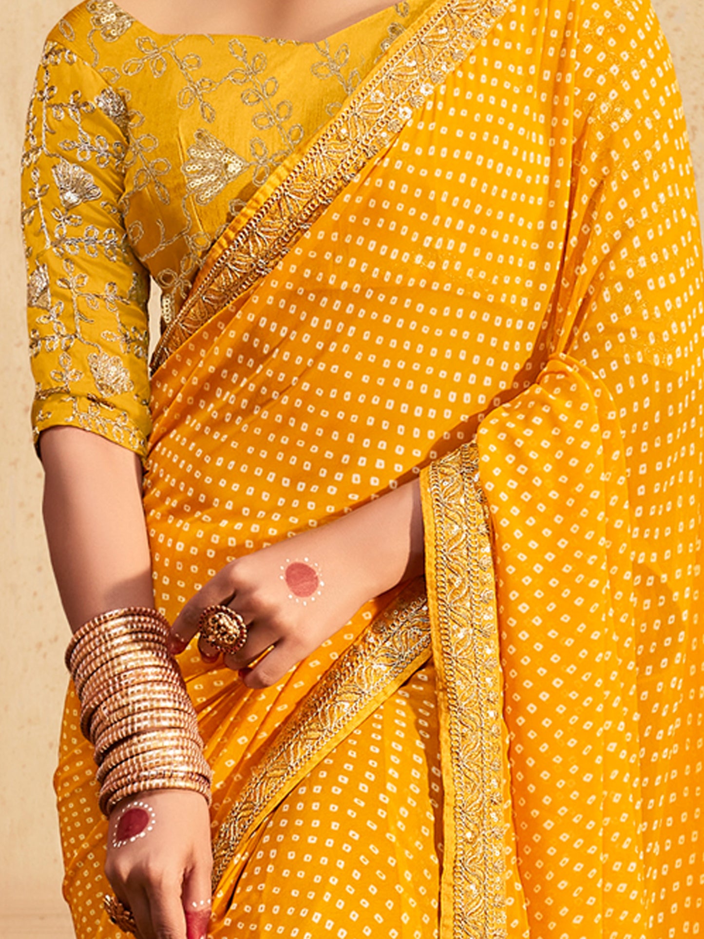 Women's Georgette Yellow Zari Embroidered Designer Saree With Blouse Piece