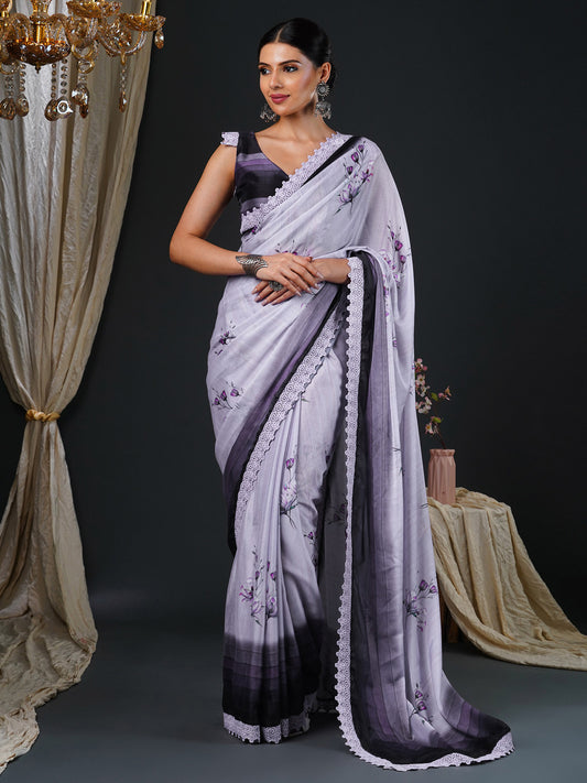 Women's Georgette Purple Printed Designer Saree With Blouse Piece
