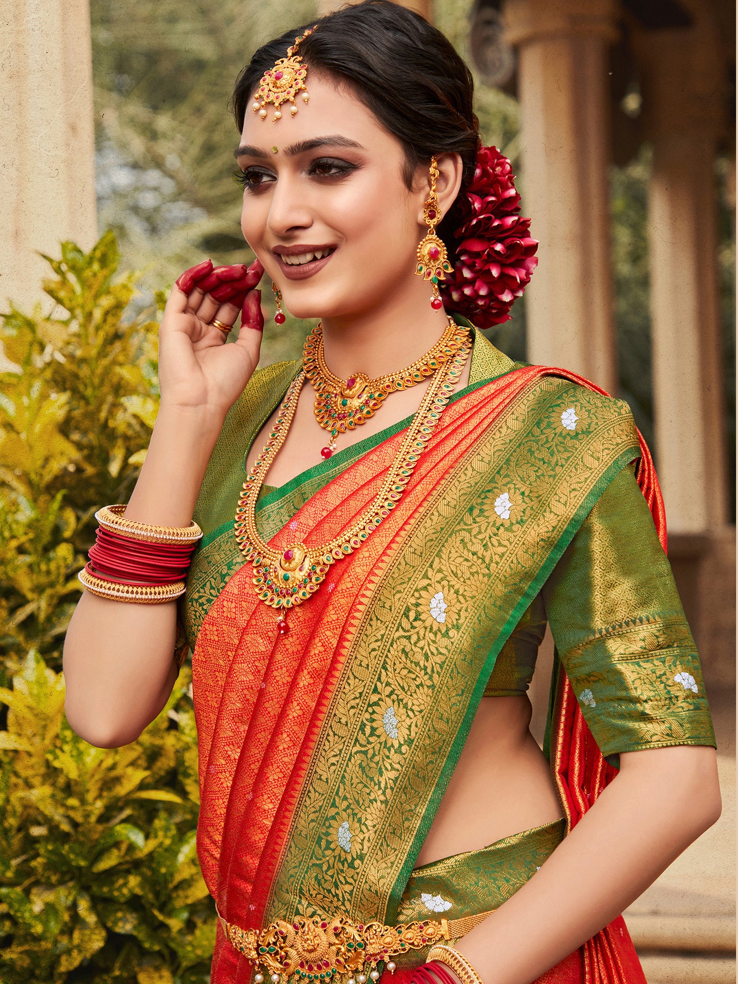 Women's Kanjeevaram Silk Red Woven Design Designer Saree With Blouse Piece