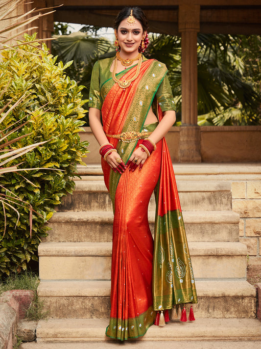 Women's Kanjeevaram Silk Red Woven Design Designer Saree With Blouse Piece