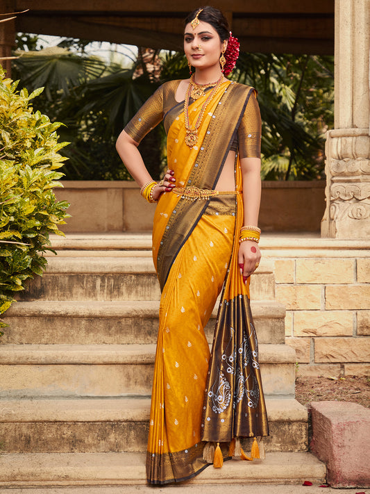 Women's Kanjeevaram Silk Yellow Woven Design Designer Saree With Blouse Piece