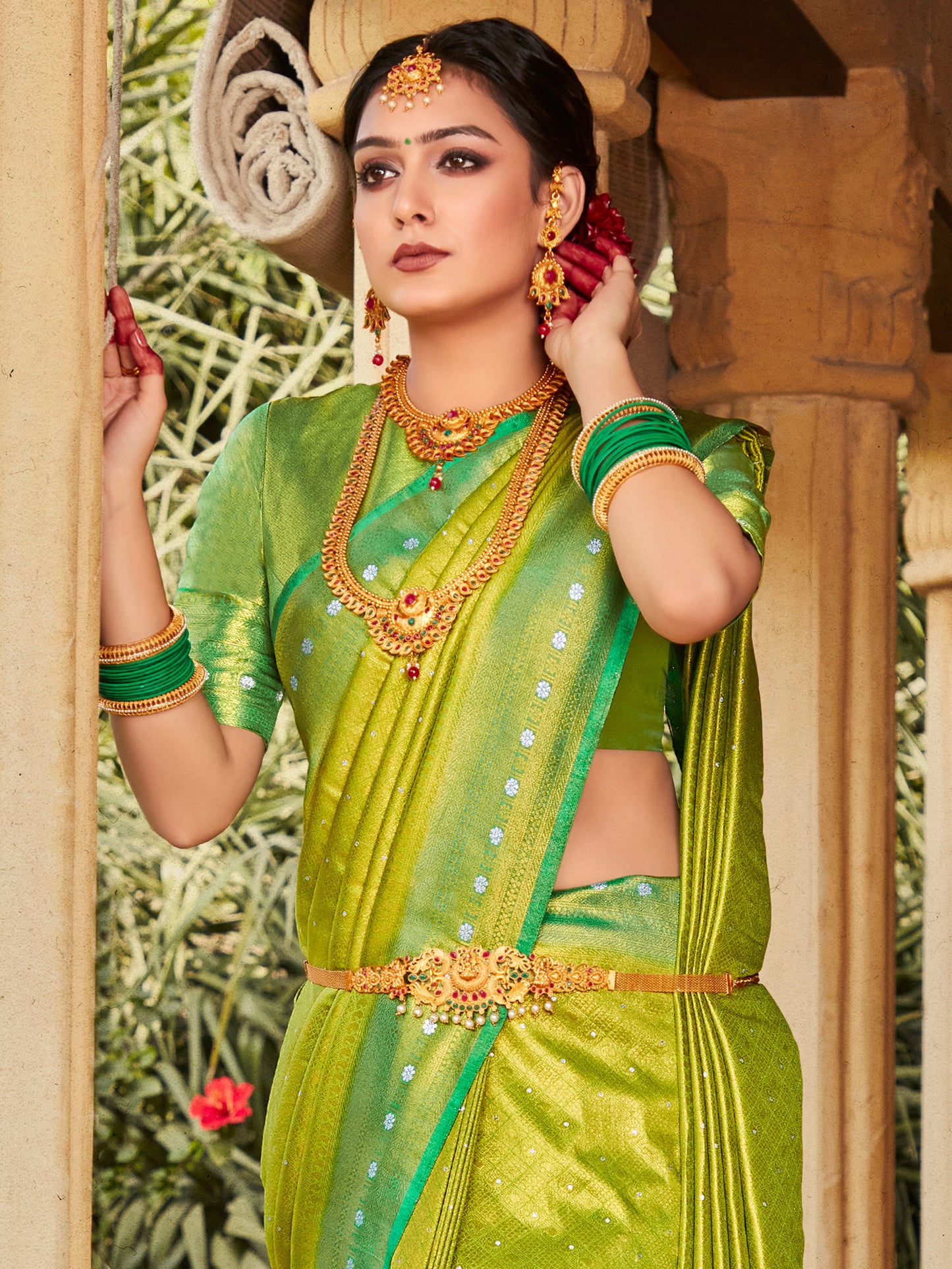 Women's Kanjeevaram Silk Lime Green Woven Design Designer Saree With Blouse Piece