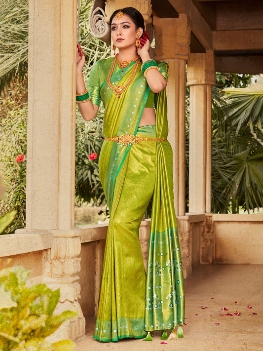 Women's Kanjeevaram Silk Lime Green Woven Design Designer Saree With Blouse Piece
