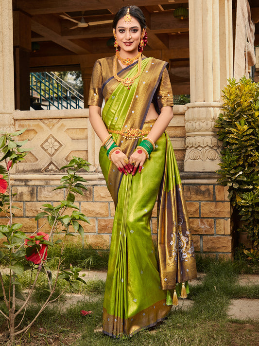 Women's Kanjeevaram Silk Green Woven Design Designer Saree With Blouse Piece