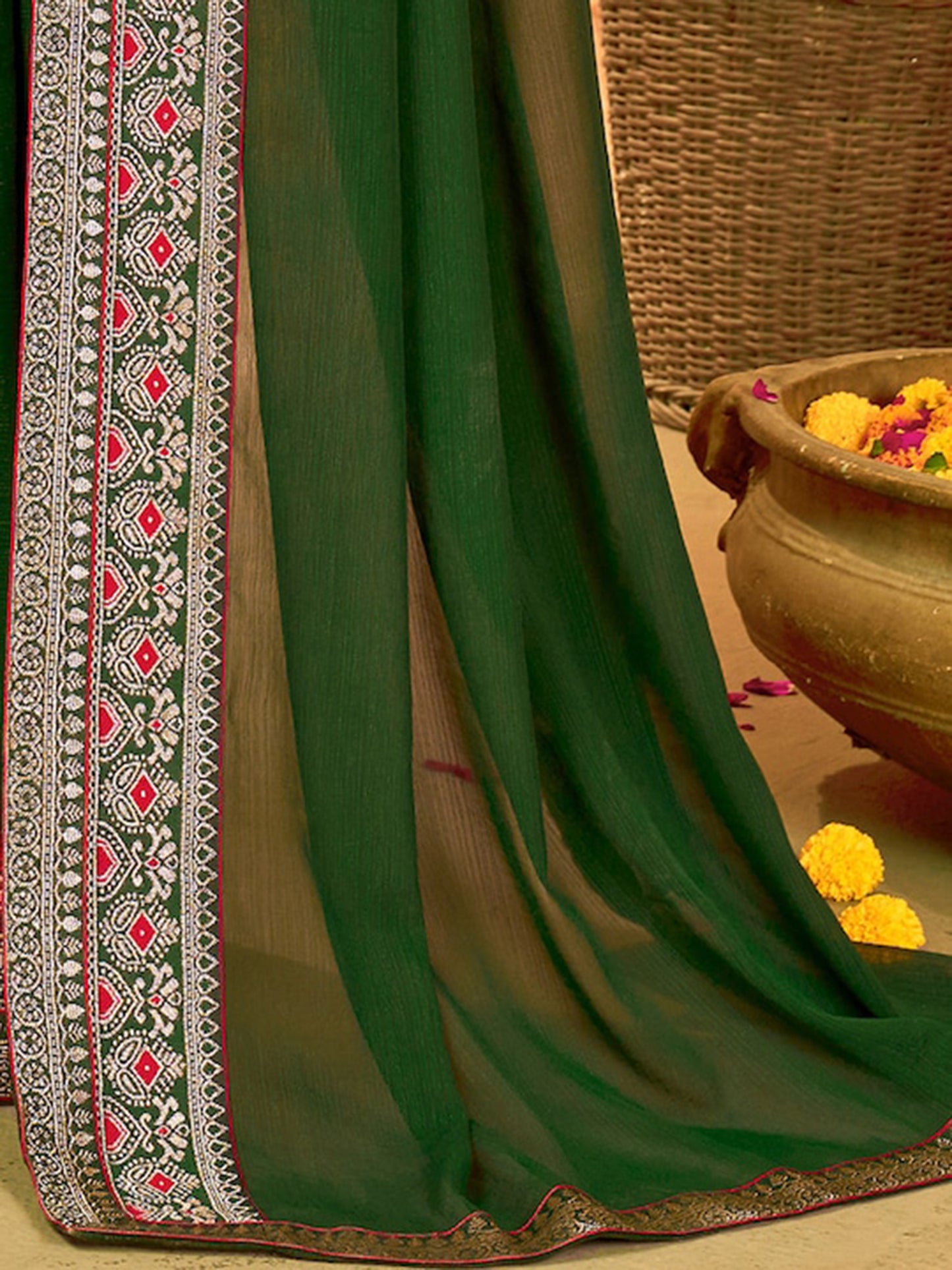 Women's Georgette Green Embellished Designer Saree With Blouse Piece