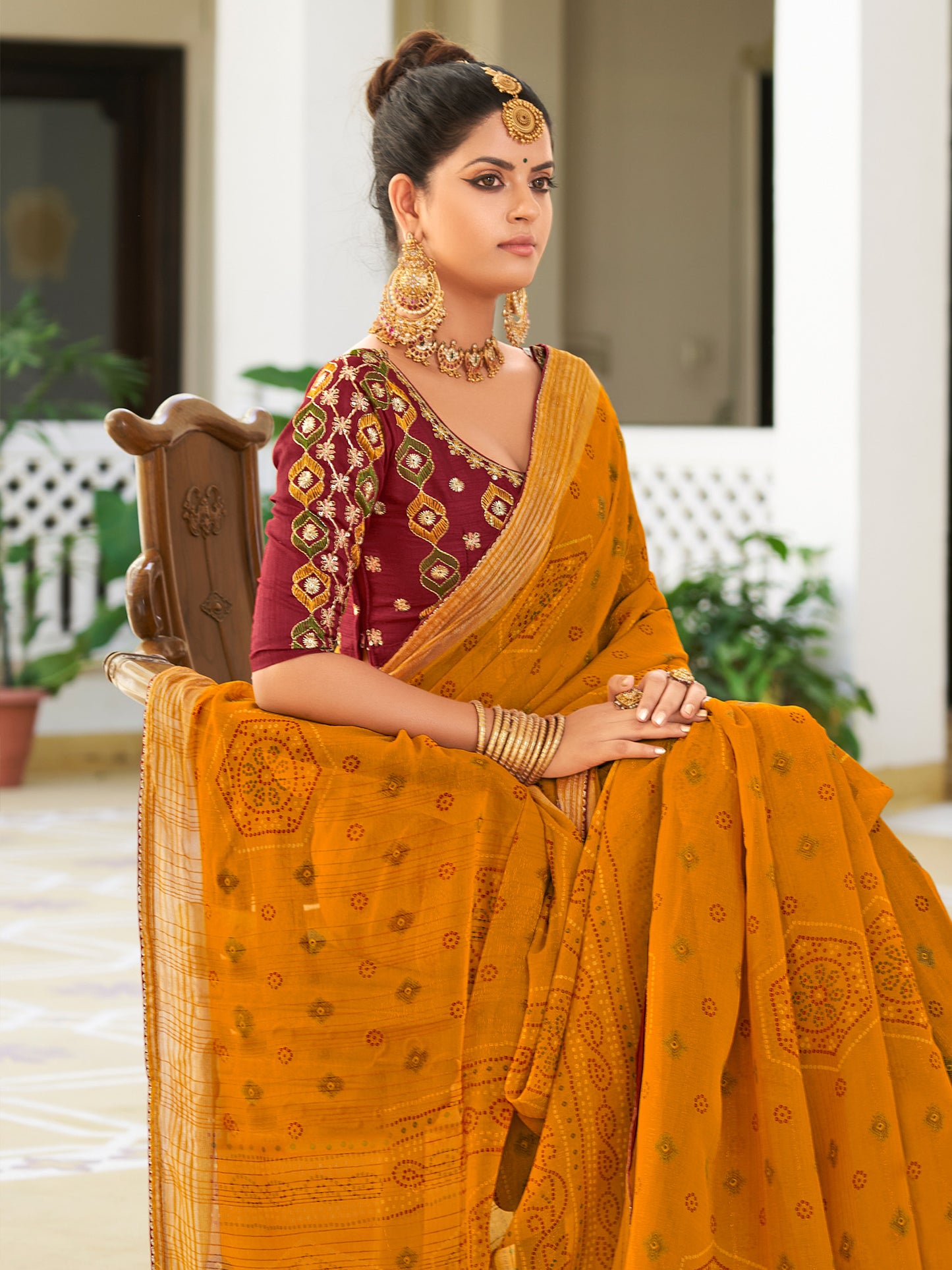 Women's Chiffon Mustard Embellished Designer Saree With Blouse Piece