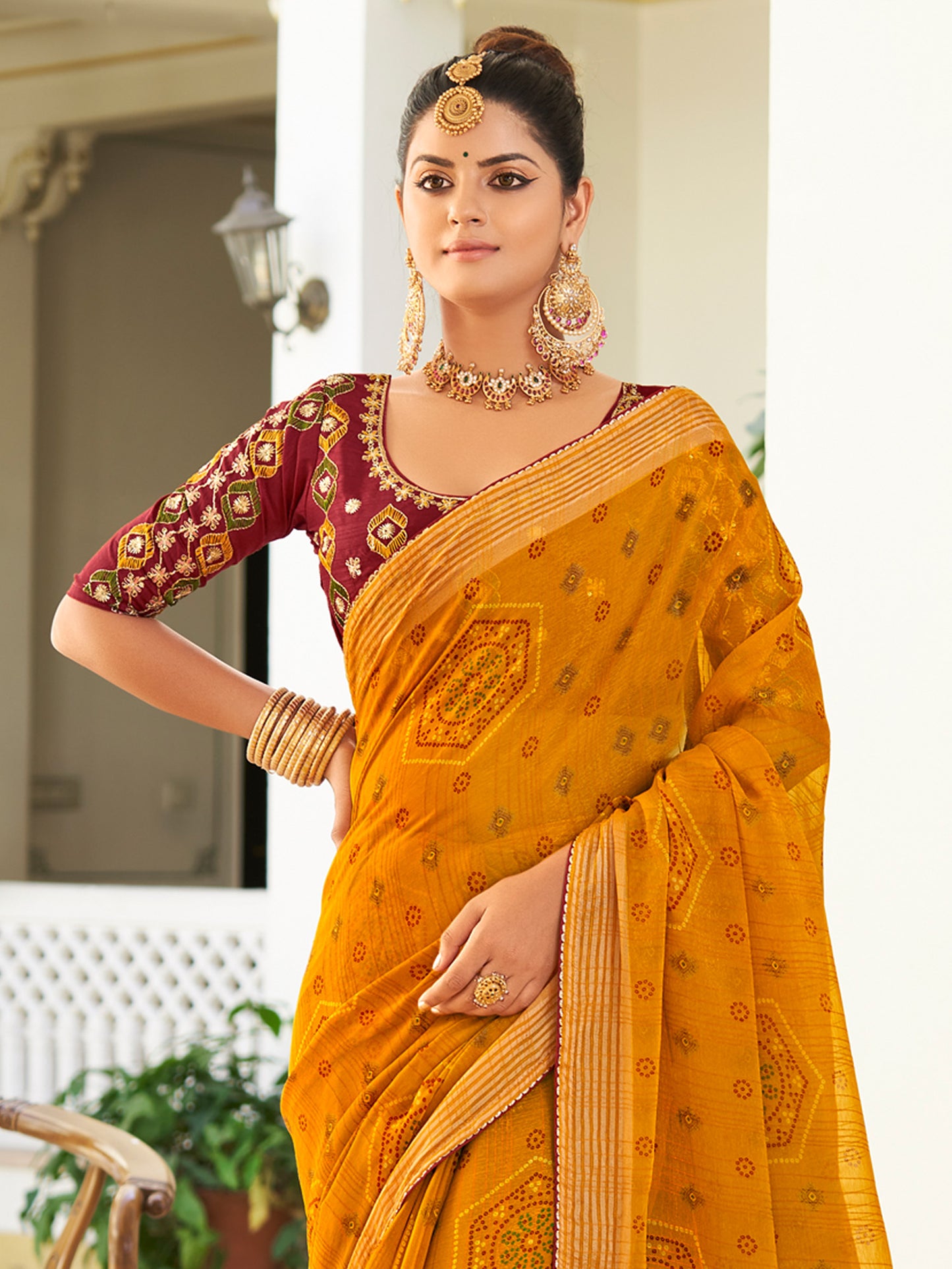 Women's Chiffon Mustard Embellished Designer Saree With Blouse Piece