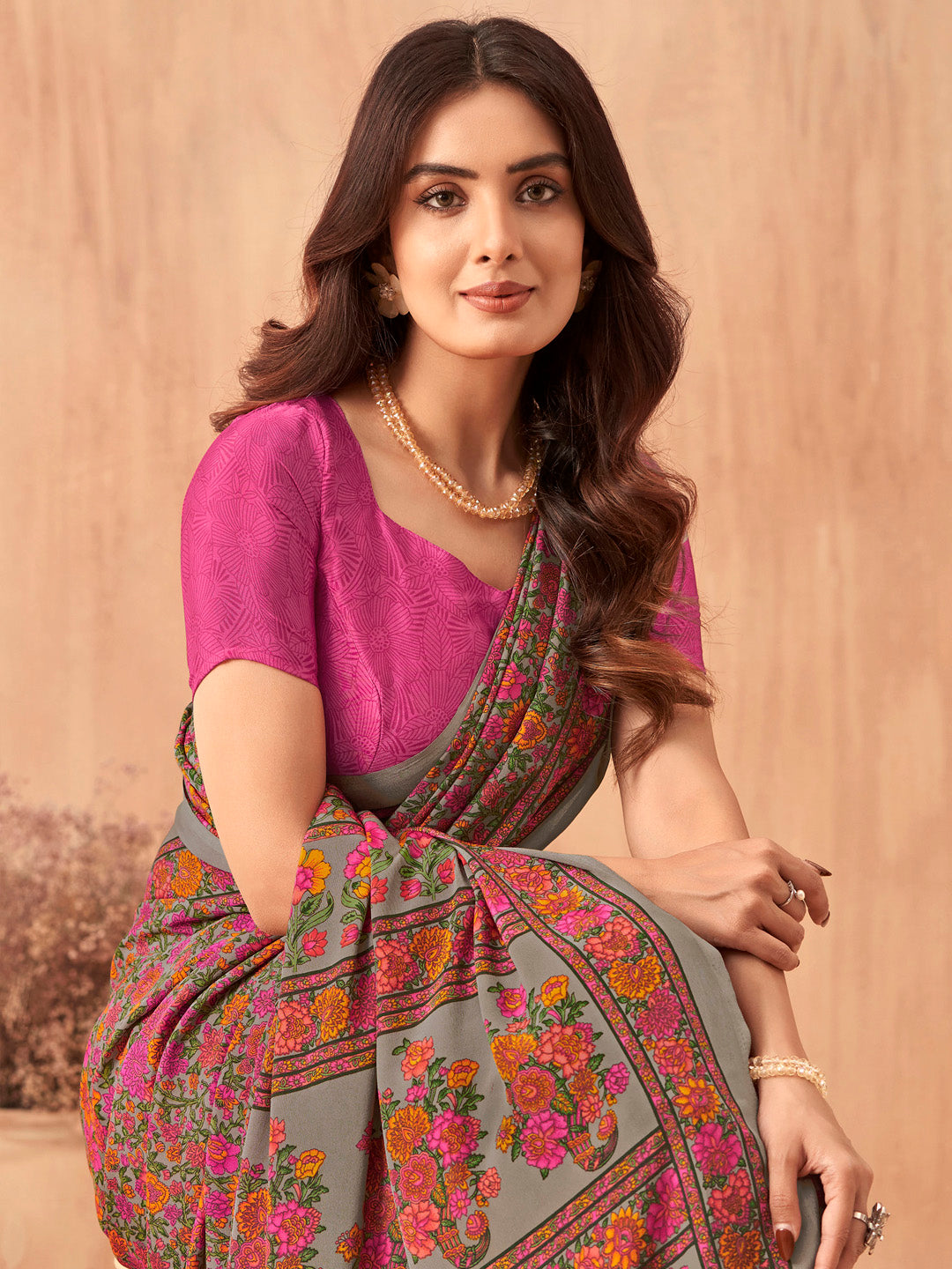 Women's Crepe Pink Printed Designer Saree With Blouse Piece