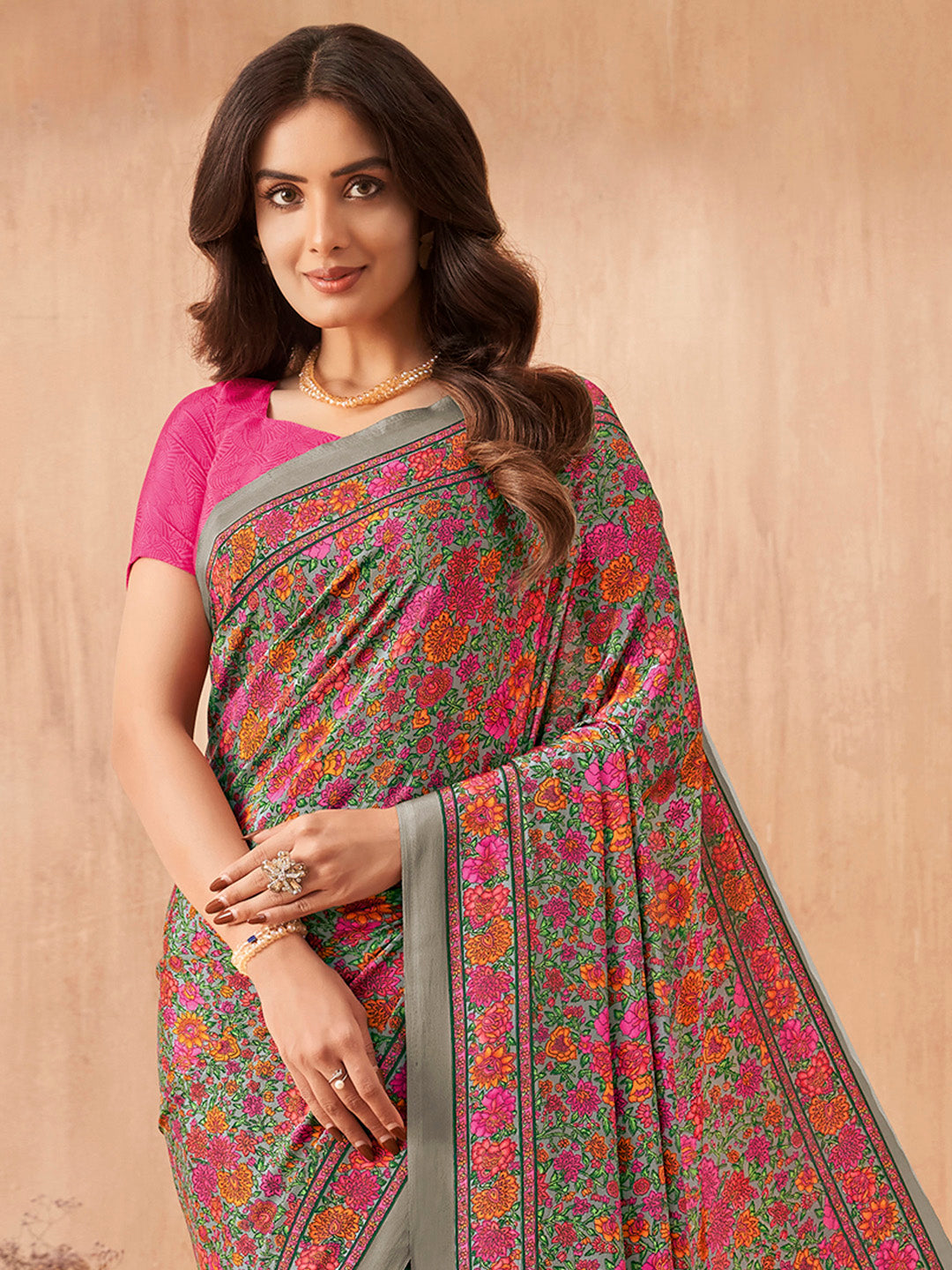 Women's Crepe Pink Printed Designer Saree With Blouse Piece