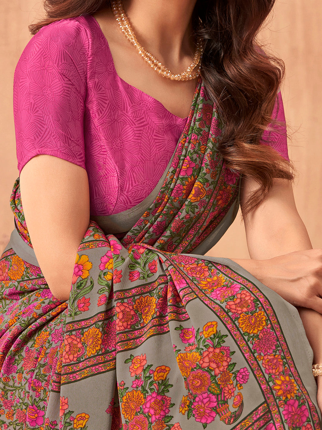 Women's Crepe Pink Printed Designer Saree With Blouse Piece