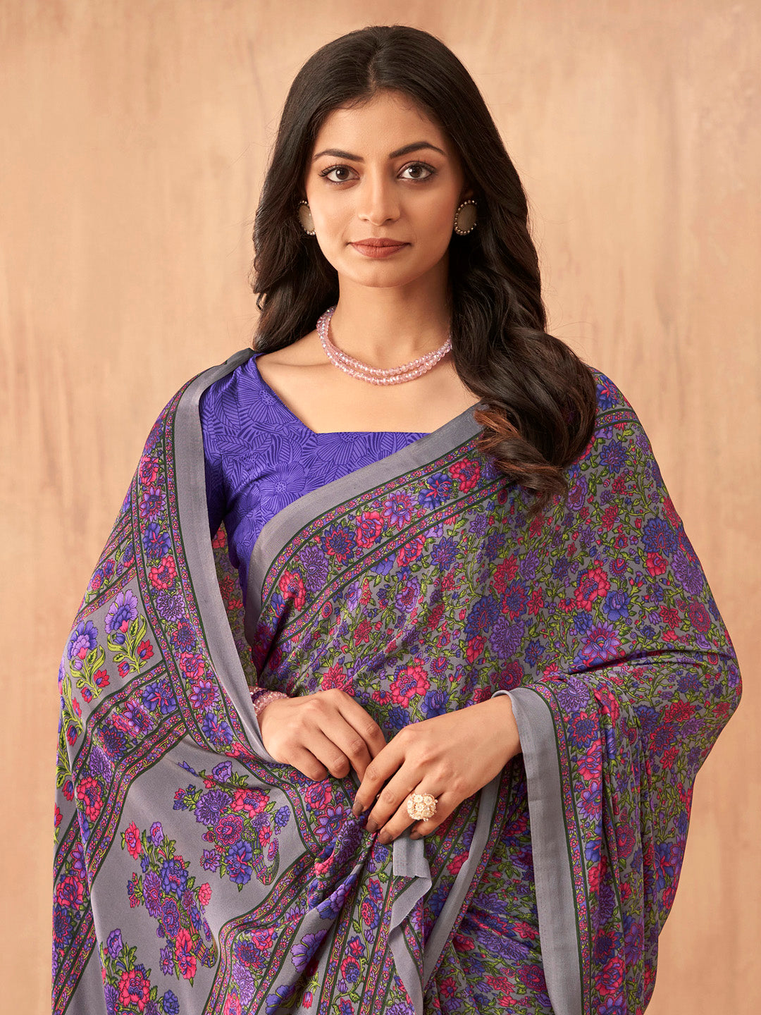 Women's Crepe Purple Printed Designer Saree With Blouse Piece
