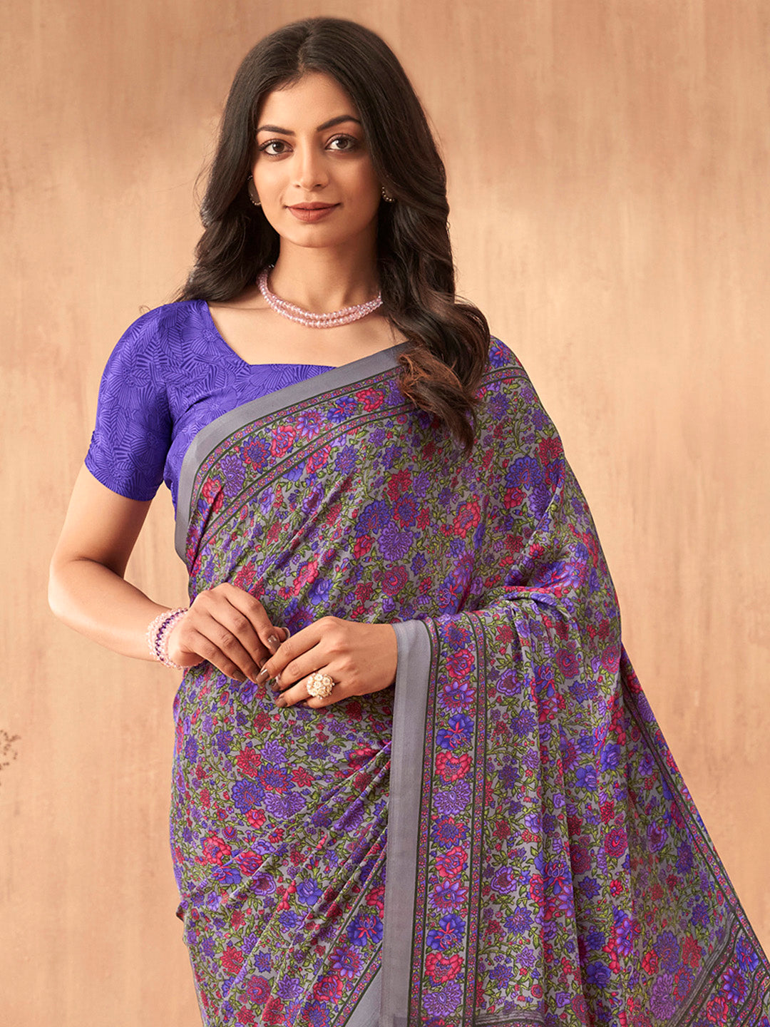 Women's Crepe Purple Printed Designer Saree With Blouse Piece