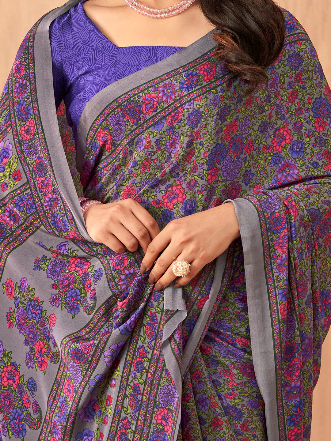 Women's Crepe Purple Printed Designer Saree With Blouse Piece