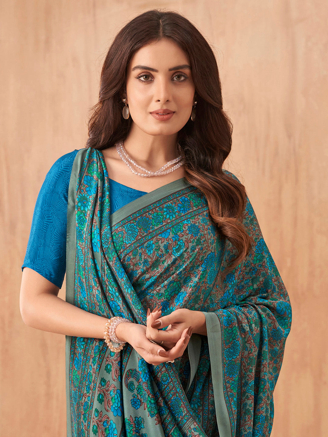 Women's Crepe Blue Printed Designer Saree With Blouse Piece