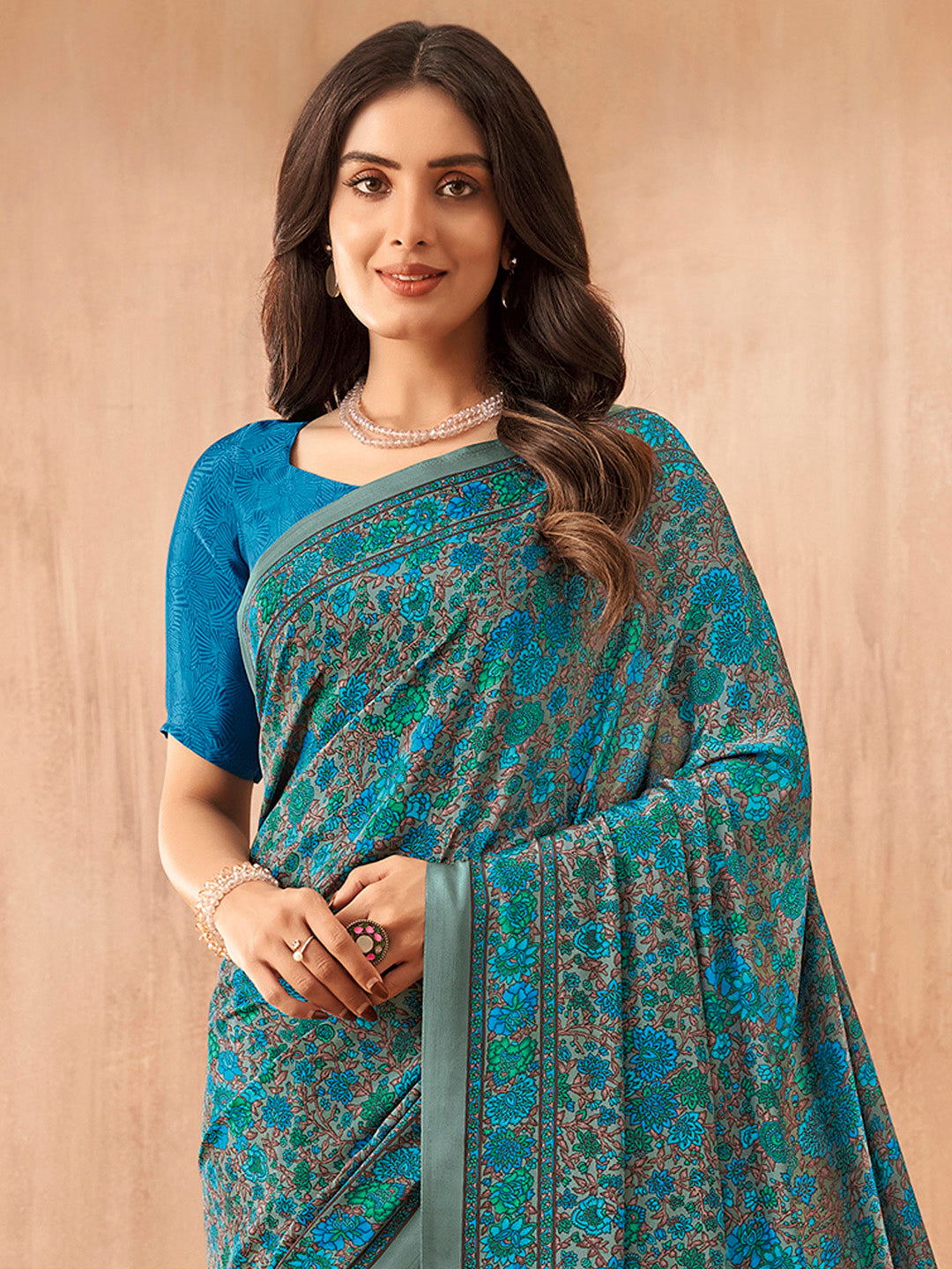 Women's Crepe Blue Printed Designer Saree With Blouse Piece