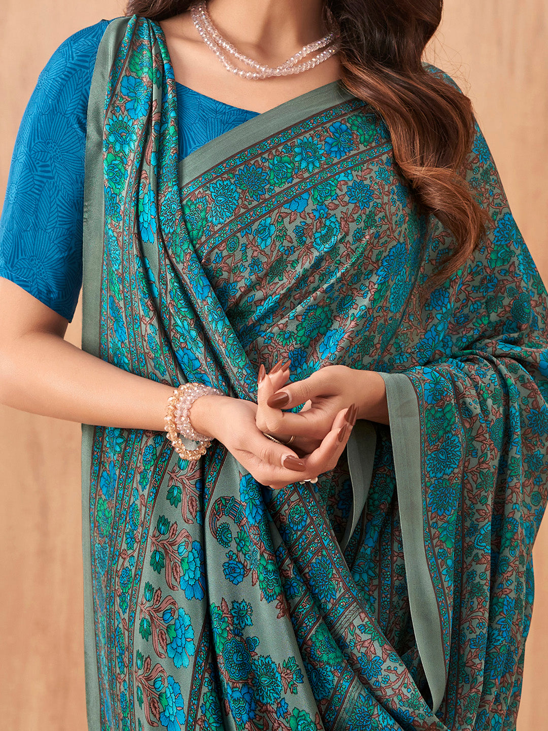 Women's Crepe Blue Printed Designer Saree With Blouse Piece
