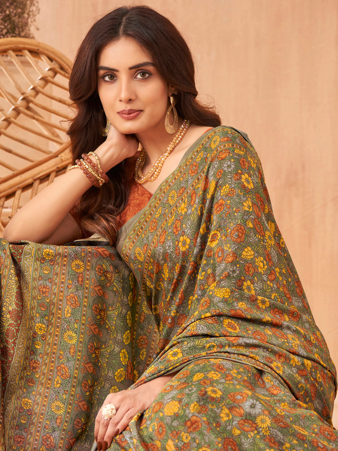 Women's Crepe Rust Printed Designer Saree With Blouse Piece