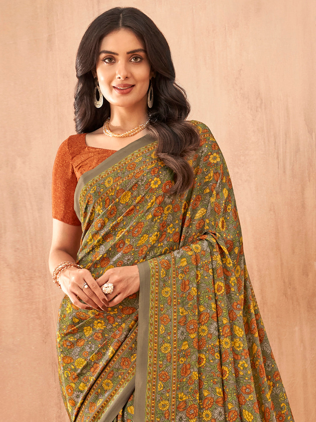 Women's Crepe Rust Printed Designer Saree With Blouse Piece