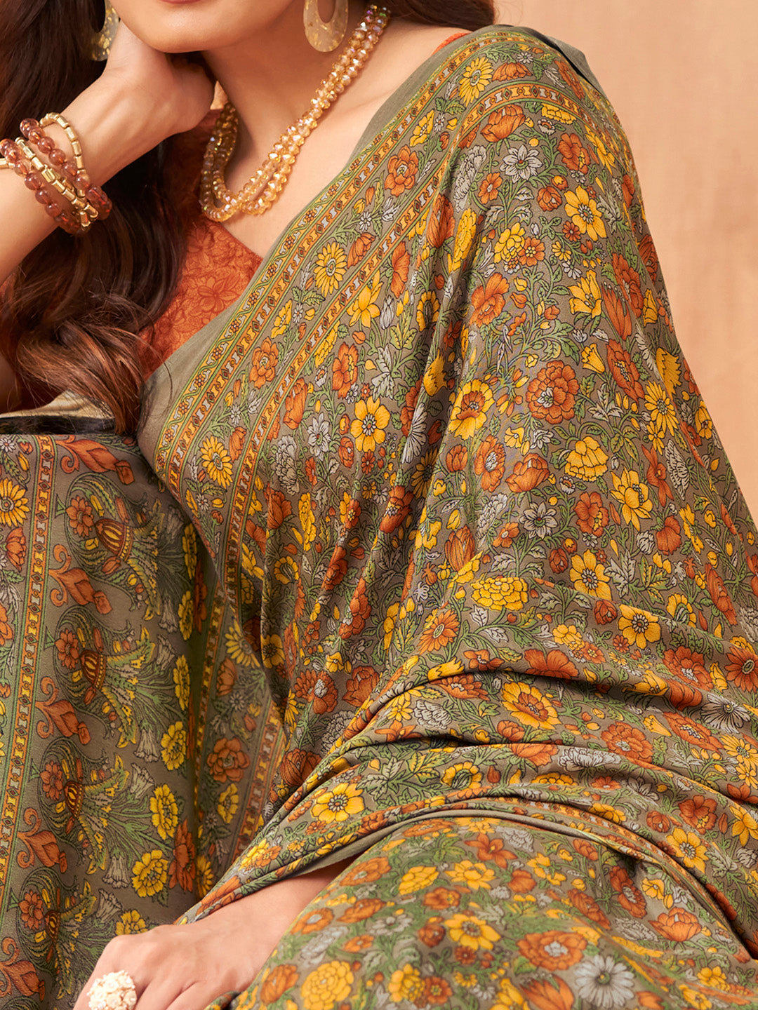 Women's Crepe Rust Printed Designer Saree With Blouse Piece