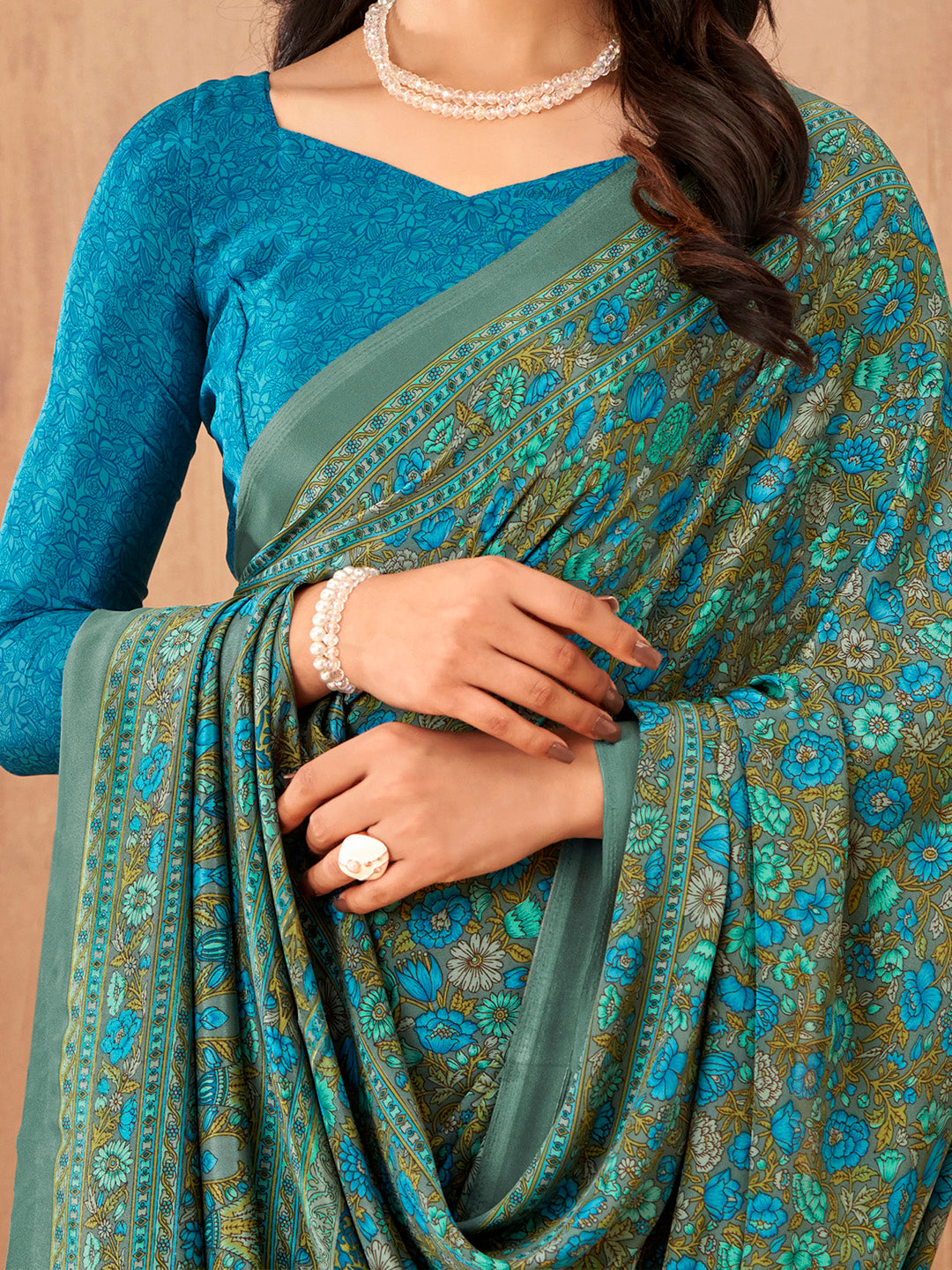 Women's Crepe Blue Printed Designer Saree With Blouse Piece