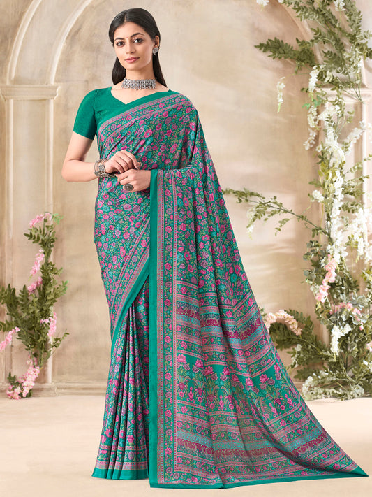 Women's Crepe Green Printed Designer Saree With Blouse Piece