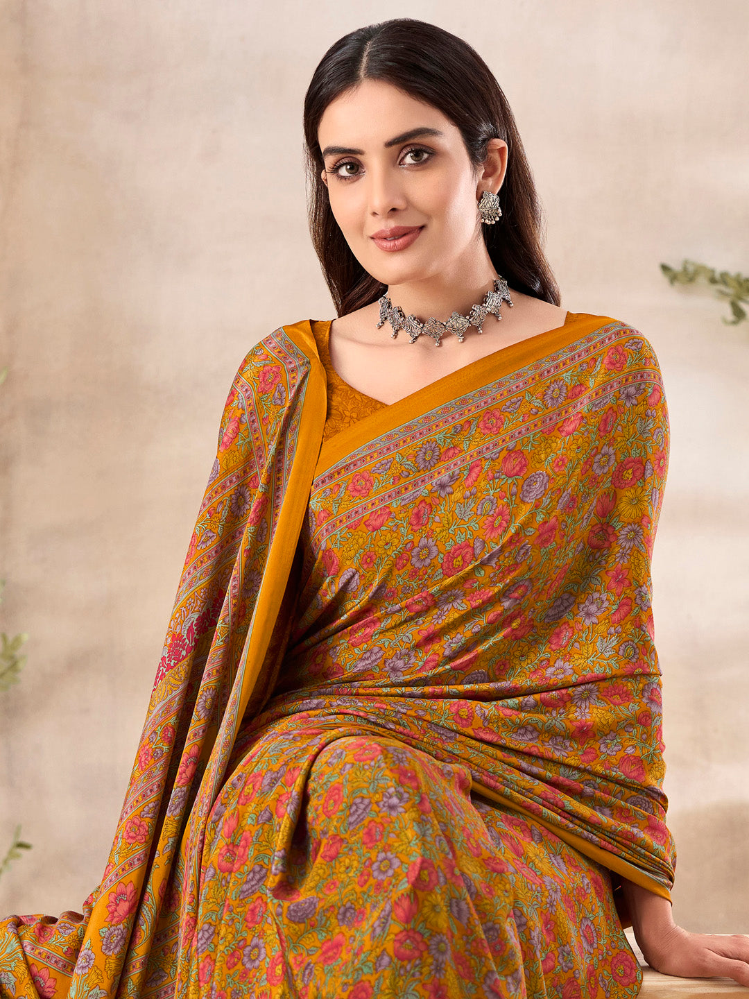 Women's Crepe Mustard Printed Designer Saree With Blouse Piece