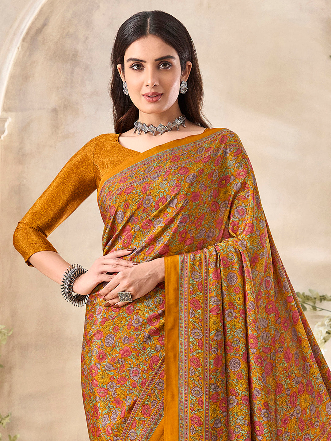 Women's Crepe Mustard Printed Designer Saree With Blouse Piece