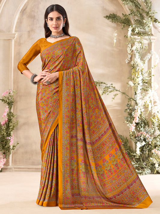 Women's Crepe Mustard Printed Designer Saree With Blouse Piece