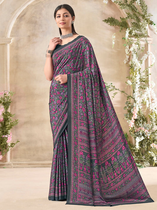 Women's Crepe Black Printed Designer Saree With Blouse Piece