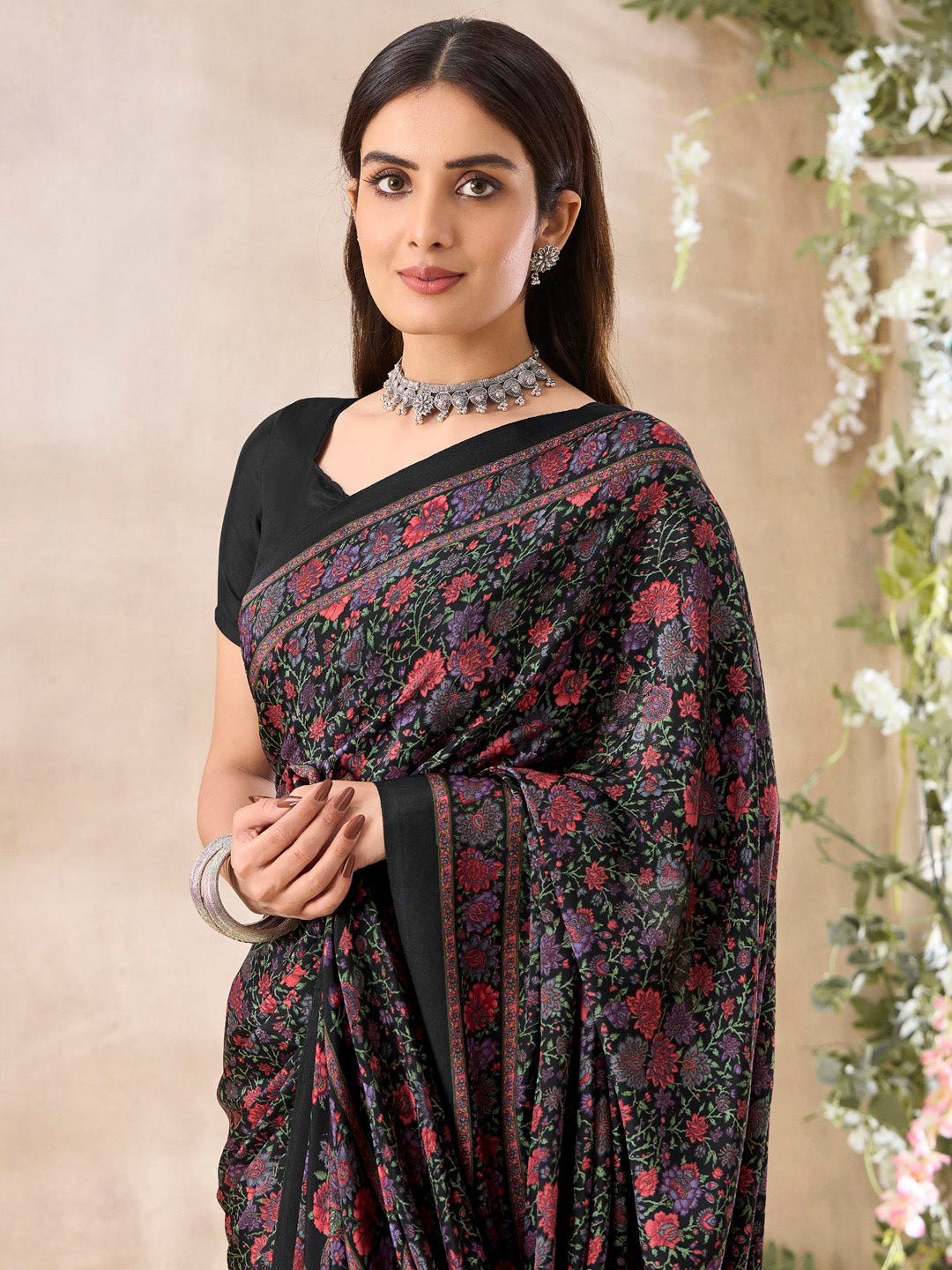 Women's Crepe Black Printed Designer Saree With Blouse Piece