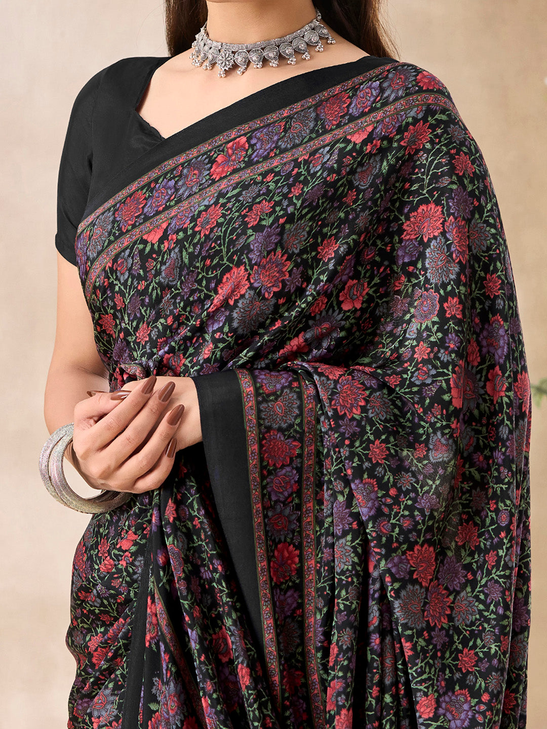 Women's Crepe Black Printed Designer Saree With Blouse Piece