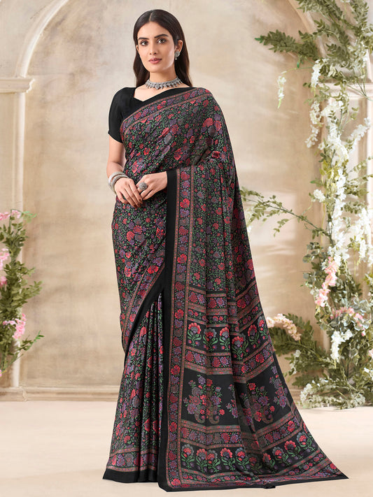 Women's Crepe Black Printed Designer Saree With Blouse Piece